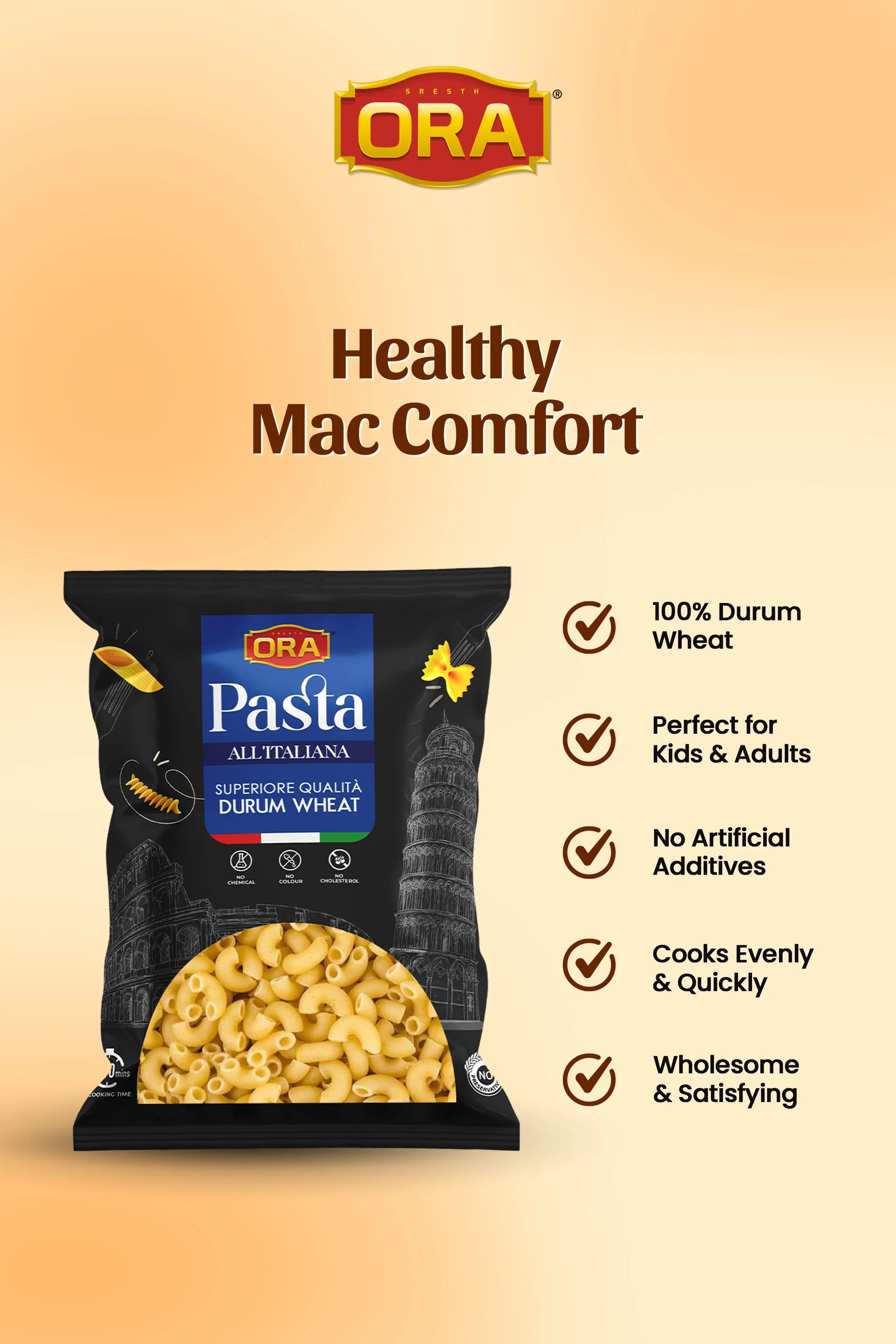 Sresth Ora Macaroni Pasta: Premium Durum Wheat Pasta, Tasty & Easy to cook (1Kg Pack)