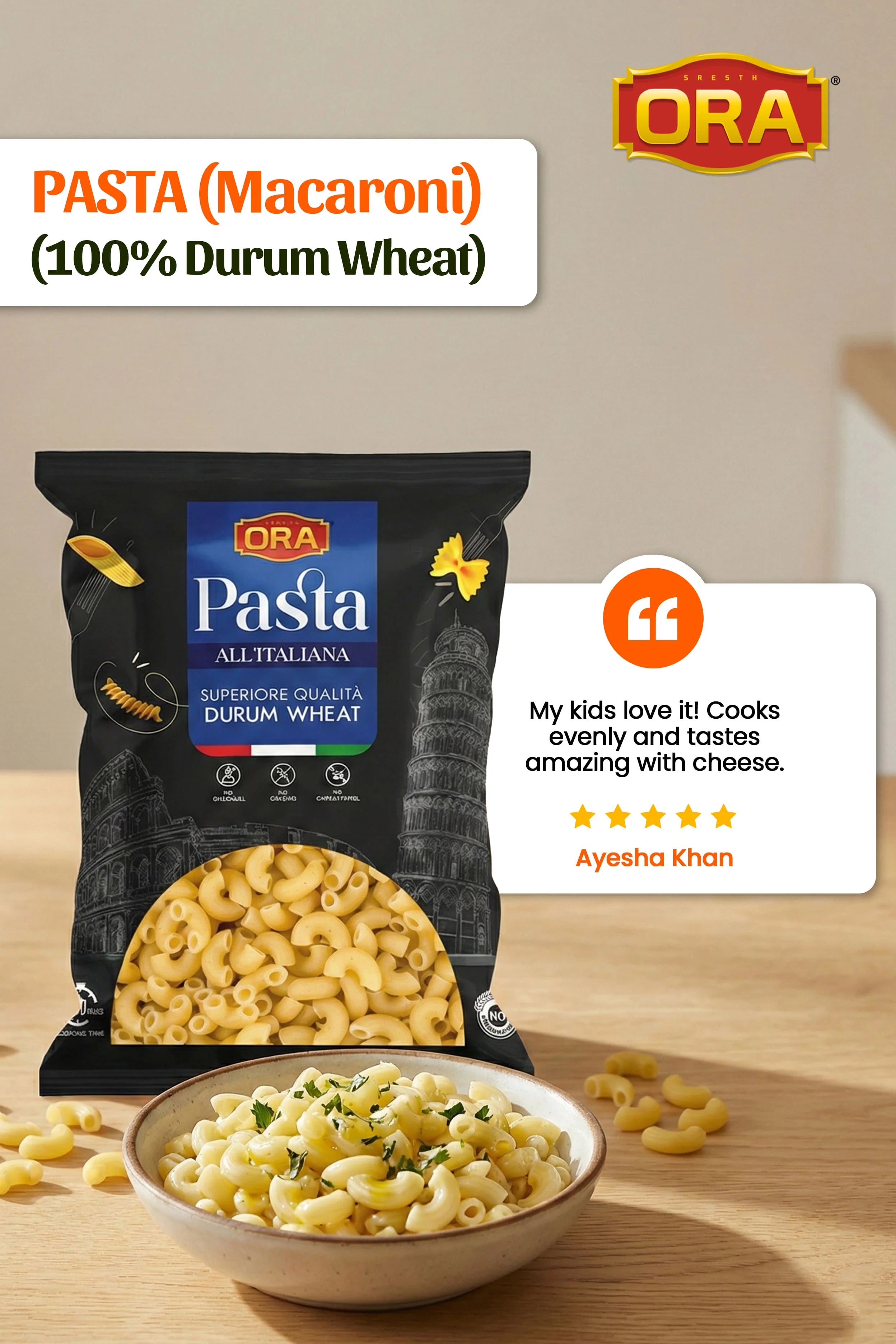 Sresth Ora Macaroni Pasta: Premium Durum Wheat Pasta, Tasty & Easy to cook (1Kg Pack)